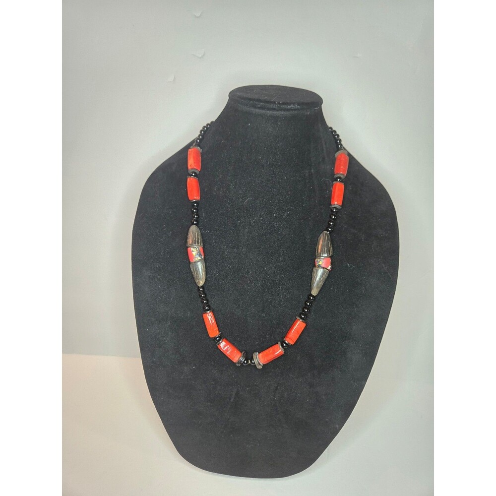 Vintage Beaded Necklace Red Black Brown Barrel Clasp